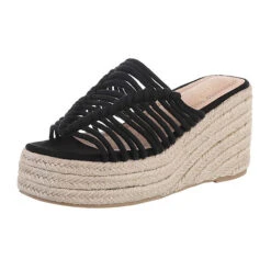 Plateausandaletten , Keilabsatz/Wedge, Geflochten, Offene Ferse - Schwarz